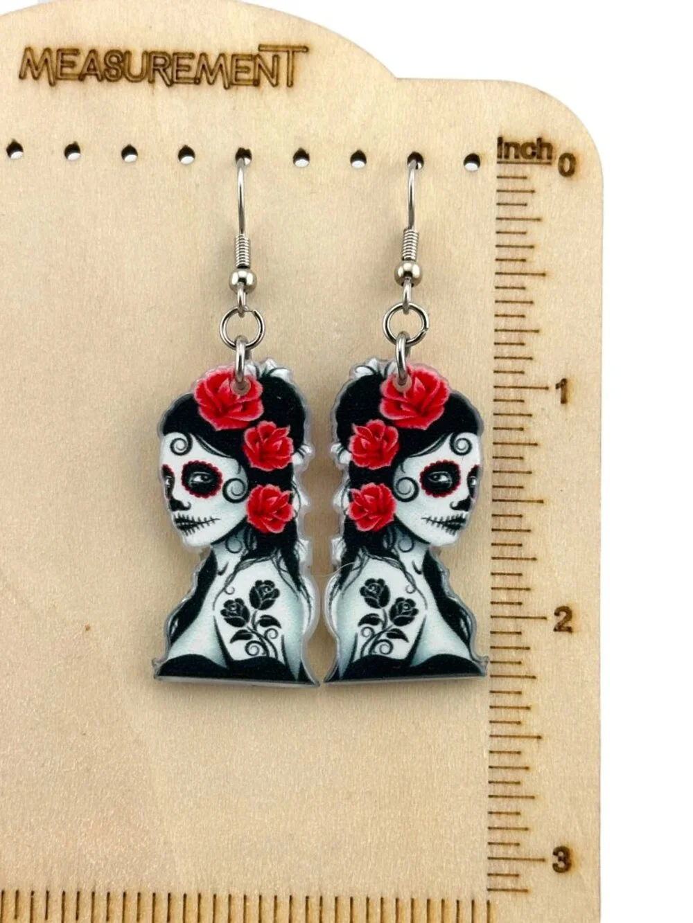 Day of the Dead Earrings Sugar Skull Red Rose Goth Dangle Handmade 2.25